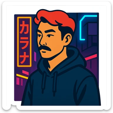 Asian man with black mustache, red hair, black hoodie, neon lights, Japanese cyberpunk anime style sticker