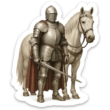 a white knight standing beside a white horse, detailed armor, noble, clean background sticker