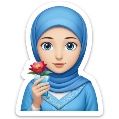 Turkish beautiful finish Konya girl blue eyes with blue hijab islamic dress and had on her hand flower mocktail sticker