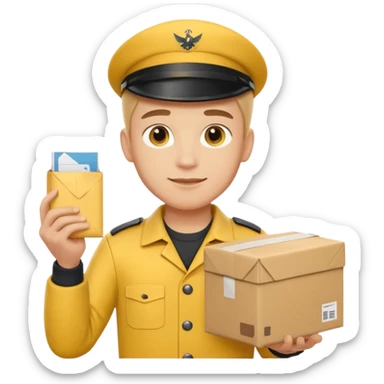 german delivery guy with yellow uniform and package sticker