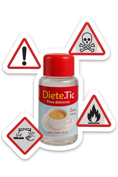 BOCCETTA DI DOLCIFICANTE LIQUIDO CON LA SCRITTA "DIETE-TIC" SULL'ETICHETTA FLUTTUA IN ARIA INSIEME A SEGNALI DI PERICOLO 3D sticker