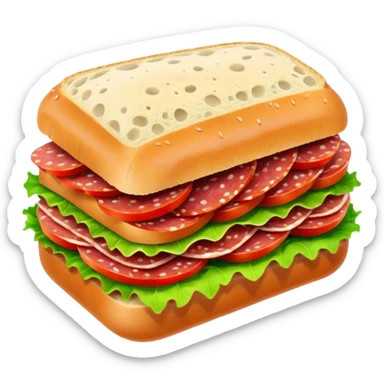 salami sandwich with crusty bread, layers of salami, lettuce, tomato sticker