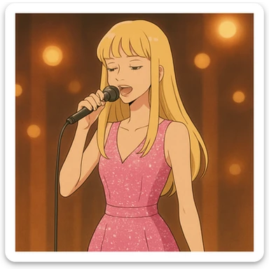 Pretty and thin tall Blonde pop star with bangs singing onstage, wearing a sparkly pink outfit   sticker