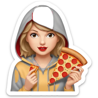 Taylor Swift, wearing hoodie, holding a slice of pizza





































 sticker