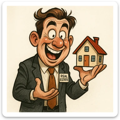 funny caricature style real estate agent, holding a small house, animated expression sticker