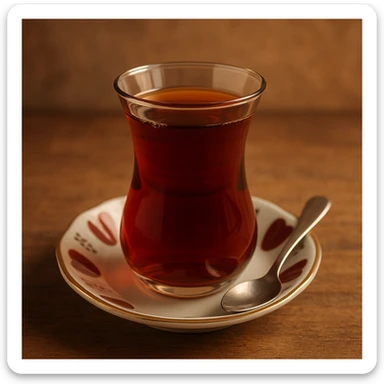 a traditional Turkish tea glass filled with tea, on a small saucer, with a spoon sticker