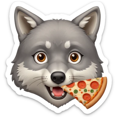 a sitting surprised grey wolf eating a piece of pizza emoji sticker
