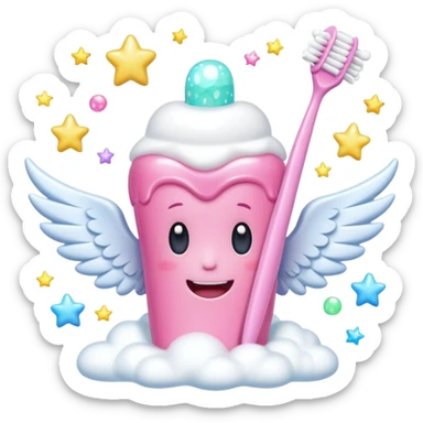 Giant cartoon toothbrush, pink toothbrush, cute molar character with angel wings, tube of pastel toothpaste, sparkles, magical sparkles, shooting stars, fluffy white clouds, soap bubbles, floating tooth fairy coins. sticker
