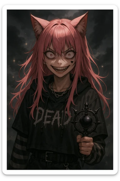 realistic anime catgirl with pink hair, emo streetwear, heart tattoo under left eye, dark magical accessory, sparkles, stormy background, classic yandere scary face with crazy eyes and unsettling grin sticker