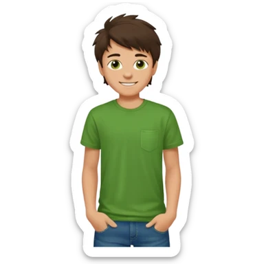 A 14 yerar old teenage boy, slightly tanned, wearing a green t-shirt , blue jeans and green sneakers with dark brown tousled hair, smirking sticker