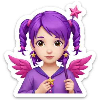 Create an emoji of a fairy-like woman with purple hair tied into two pigtails, red stars in her hair, wearing a pink outfit and pink wings. She is holding a pink star-shaped wand and wearing purple circular earrings. sticker