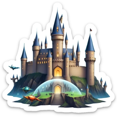 Icon for Fantasy and Sci-Fi Movies: A magical collage with flying dragons. futuristic spaceships and UFOs. Stars and planets shimmer in the background with a mystical castle Hogvards an ancient wizard and robots. The atmosphere is epic, otherworldly and adventurous. Transparent background. sticker