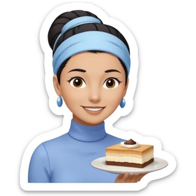  tan skin woman with long face, and short black hair slicked back ponytail with forehead showing, wearing a periwinkle colored headband and wearing pale blue turtleneck shirt, eating tiramisu smiling with hair pulled back sticker