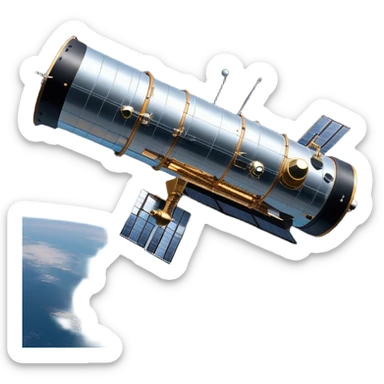 cinematic-realistic-hubble-space-telescope-emoji, an awe-inspiring, ultra-detailed depiction of the Hubble Space Telescope floating in space, its large, reflective metallic surface gleaming against the backdrop of the infinite blackness. The telescope's vast solar panels extend outwards, catching the light from distant stars, while its intricate, cylindrical body showcases advanced, precise engineering. The telescope's large, hexagonal lens is pointed towards the cosmos, surrounded by mechanical components, wires, and sensors. The detailed textures of the telescope’s metallic exterior, the shiny reflective coating, and the intricate grid-like solar panels are sharply contrasted against the void of space, with distant stars and nebulae faintly visible in the background, adding to the sense of scale and technological marvel; rendered with extreme realism and attention to detail. sticker