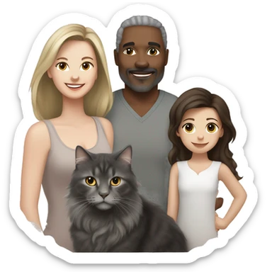 black dad, white brunette mom, mixed two year old daughter and a grey norwegian forest cat sticker