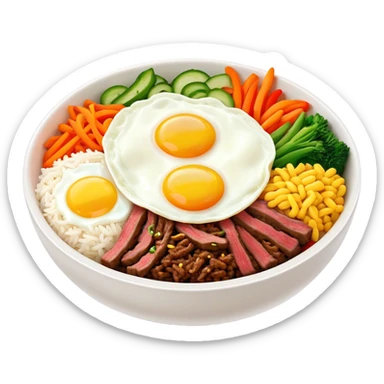 Cinematic Realistic Bibimbap Dish Emoji, showcasing a colorful bowl of mixed rice, assorted vegetables, beef, and a fried egg rendered with lifelike detail and vibrant, harmonious lighting. sticker