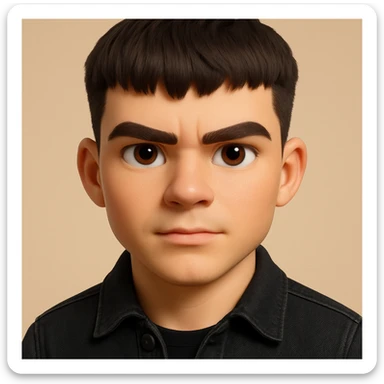 this image in 3d-emoji style, strong and confident expression (not sad), slimmer face, wearing a black jeans jacket sticker