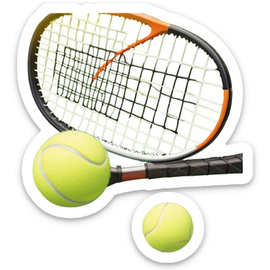 A tennis racket and a ball placed on a grassy court, with the net visible in the background. The scene captures the elegance and energy of the sport, with a vibrant green court and soft sunlight highlighting the equipment. sticker
