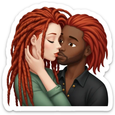 Mulher ruiva, pele branca, beijando um homem negro, com dreads nos cabelos sticker