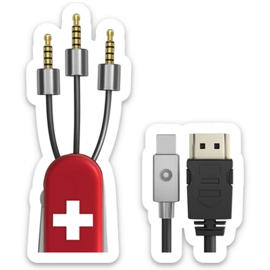 swiss army knife with 3.5mm audio cables and hdmi cables instead of knife blades sticker