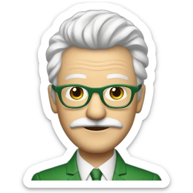 meester frank visser white hair, white mustache and glasses. Nice green suite sticker