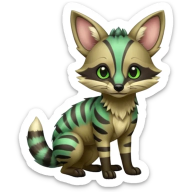 Cute adorable kawaii Shiny Green Colorful Dusky Dark Gloomy Glossy Aardwolf-Genet-Bobcat-fusion-animal-hybrid-creature, full body sticker