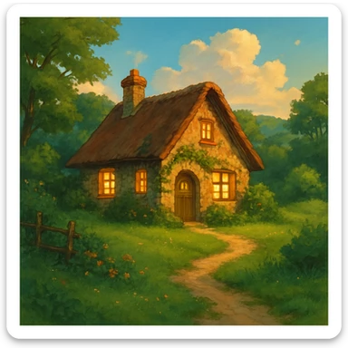 cozy cottage in a lush landscape with warm lighting in ghibli style sticker