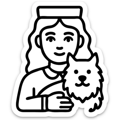 clean outlined icon style of a Baltic girl with light skin, wavy brunette hair, and blue eyes, holding her fluffy black and white dog sticker