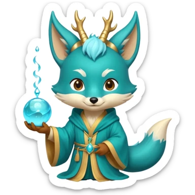 Chibi teal fox with small antler horns, confident magical expression, gold mark on forehead, teal-gold robe, holding glowing blue water orbs, with dragon tail with small antler horns on its head sticker
