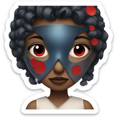 girl with dark black blueish hait having a red eye hero mask with a few big black dots on the mask sticker