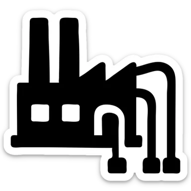 factory with multiple pipes, minimalist silhouette, solid black fill, modern style sticker