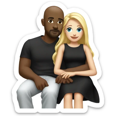 Blonde woman with blue eyes and long straight hair wearing a short black dress and a black man who is bald with a goatee seated together on a sofa enjoying a loving kiss.   sticker
