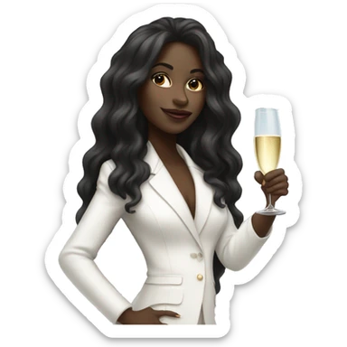 Black girl long hair in a white pantsuit, holding glass of champagne sticker