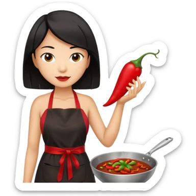 asian black short shoulder length hair tanned woman, black dress cooking, holding chili pepper sticker