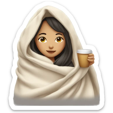 Asian girl wrapped in cozy blanket drinking coffee sticker