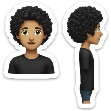 a boy with a black curly hair weaering a mask and wearing a black shirt sticker