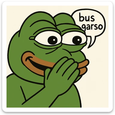 Edit the classic Pepe the Frog in 3D emoji style with one hand over mouth, cheeks puffed, trying not to laugh, with a speech bubble 'bus garso'. Classic Pepe look, no drink, focus on face and expression. Variant 3. sticker