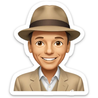 Frank Sinatra with the hat on, smiling and showing data analytics on a screen in the background sticker