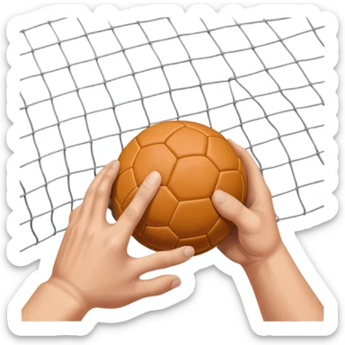 A close-up of a hand gripping a handball, with the handball gates visible in the background. The focus is on the texture of the ball and the strength of the grip, with the goal net slightly blurred to emphasize the anticipation of the throw. sticker