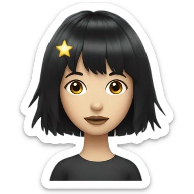 dark haired girl with fringe and face made of a star sticker