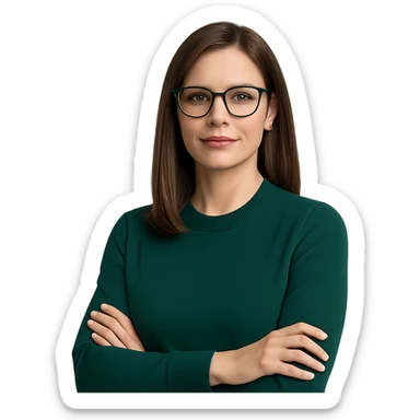 female CEO wearing an emerald green sweater, medium straight brown hair, emerald green glasses, professional and confident sticker