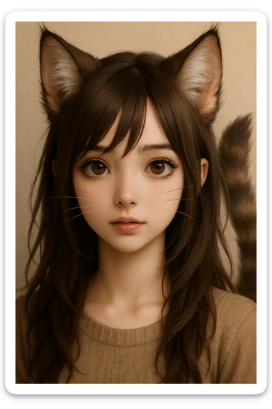 Enhance cat-like features with larger cat ears, more pronounced whiskers, subtle feline nose, and a fluffy tail, maintaining a realistic anime style. sticker