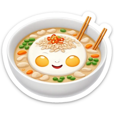 Laba Festival congee with colorful ingredients and garnishes, simplified emoji style with bold outlines and bright colors, cartoon style traditional Buddhist ceremonial porridge sticker