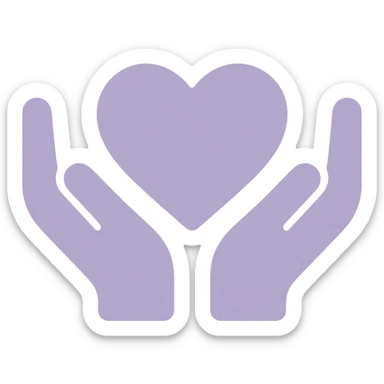 dull purple heart hands icon, hands outlined in black, heart shape in the center, pale purple color palette sticker