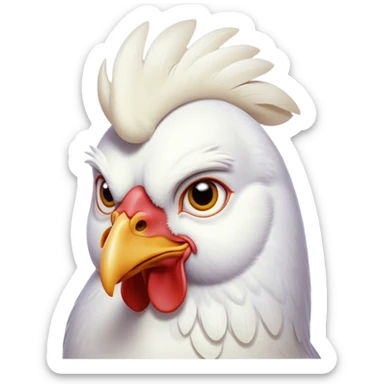 Cinematic Noble White Chicken Portrait Emoji, Poised and regal, with a compact, sturdy build and a pristine, well-groomed pure white plumage, deep-set soulful beady eyes, Simplified yet sharp and sophisticated features, highly detailed, glowing with a soft, dignified glow, high shine, intelligent and alert, stylized with an air of barnyard elegance, focused and attentive, soft glowing outline, capturing the essence of a watchful and confident fowl, so majestic it feels as though it could strut out of the screen with effortless authority! sticker