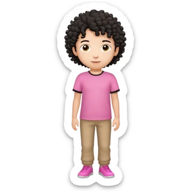 Kid boy wearing pink T-shirt, black curly hair, full body sticker