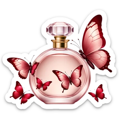 A luxurious glass perfume bottle in Soft Blush, reflecting soft light, as Crimson and Burgundy butterflies dance around it, creating an enchanting and ethereal atmosphere. sticker