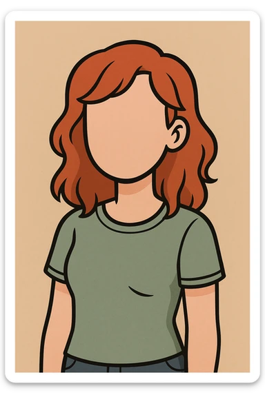 friendly faceless young woman avatar with red hair, soft approachable features, no facial details, modern casual style, simple flat toon illustration sticker