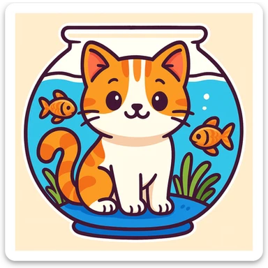 A red-haired cat and a goldfish aquarium in sticker style, more cartoonish sticker