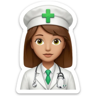 a doctor in white suit with a doctor hat with green cross brown hair sticker